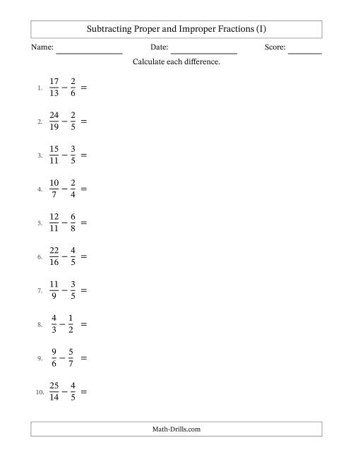 The Subtracting Proper and Improper Fractions with Unlike Denominators, Proper Fractions Results and Some Simplifying (I) Math Worksheet