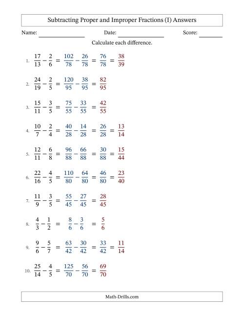 The Subtracting Proper and Improper Fractions with Unlike Denominators, Proper Fractions Results and Some Simplifying (I) Math Worksheet Page 2