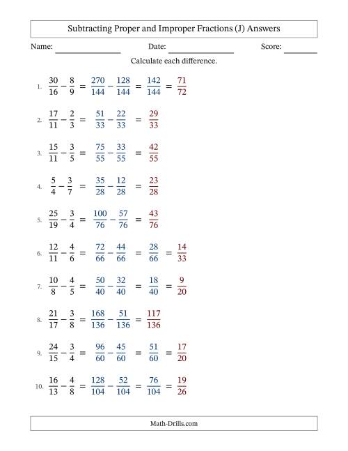 The Subtracting Proper and Improper Fractions with Unlike Denominators, Proper Fractions Results and Some Simplifying (J) Math Worksheet Page 2