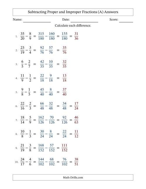 The Subtracting Proper and Improper Fractions with Unlike Denominators, Proper Fractions Results and Some Simplifying (All) Math Worksheet Page 2