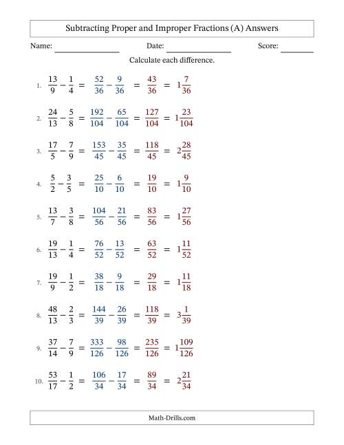 The Subtracting Proper and Improper Fractions with Unlike Denominators, Mixed Fractions Results and No Simplifying (A) Math Worksheet Page 2