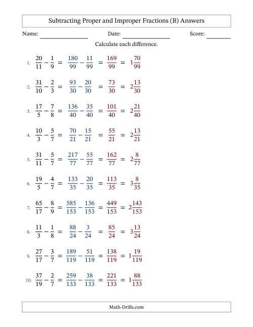 The Subtracting Proper and Improper Fractions with Unlike Denominators, Mixed Fractions Results and No Simplifying (B) Math Worksheet Page 2