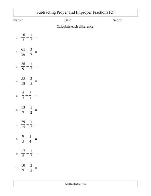 The Subtracting Proper and Improper Fractions with Unlike Denominators, Mixed Fractions Results and No Simplifying (C) Math Worksheet
