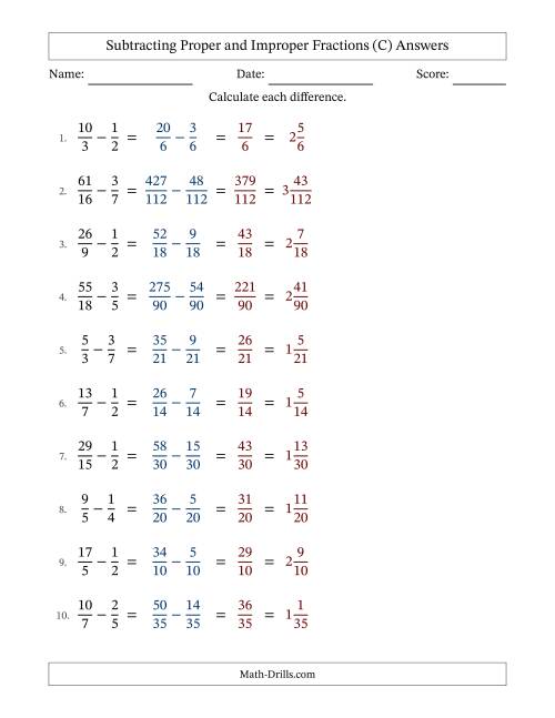 The Subtracting Proper and Improper Fractions with Unlike Denominators, Mixed Fractions Results and No Simplifying (C) Math Worksheet Page 2