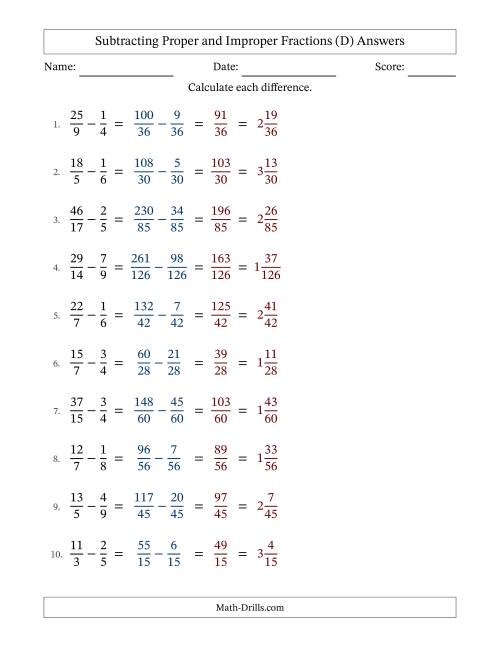 The Subtracting Proper and Improper Fractions with Unlike Denominators, Mixed Fractions Results and No Simplifying (D) Math Worksheet Page 2