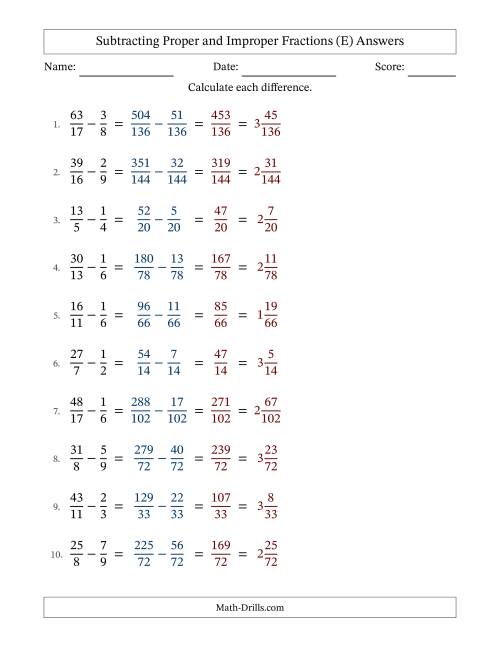 The Subtracting Proper and Improper Fractions with Unlike Denominators, Mixed Fractions Results and No Simplifying (E) Math Worksheet Page 2