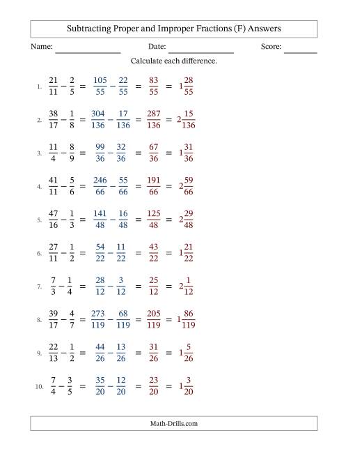 The Subtracting Proper and Improper Fractions with Unlike Denominators, Mixed Fractions Results and No Simplifying (F) Math Worksheet Page 2