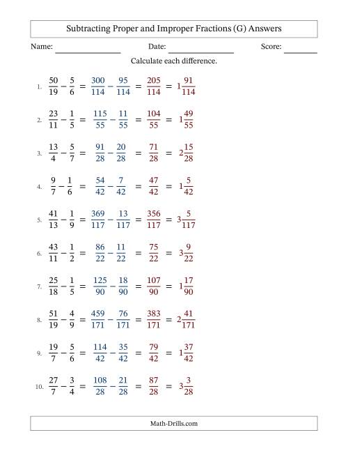 The Subtracting Proper and Improper Fractions with Unlike Denominators, Mixed Fractions Results and No Simplifying (G) Math Worksheet Page 2