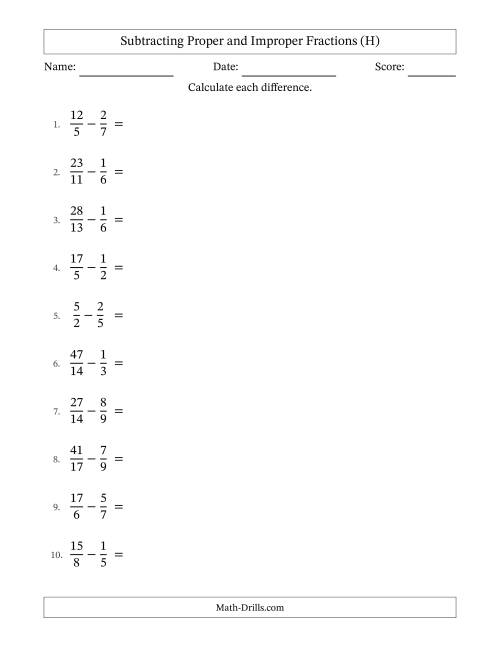 The Subtracting Proper and Improper Fractions with Unlike Denominators, Mixed Fractions Results and No Simplifying (H) Math Worksheet