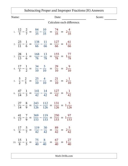 The Subtracting Proper and Improper Fractions with Unlike Denominators, Mixed Fractions Results and No Simplifying (H) Math Worksheet Page 2