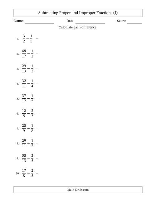 The Subtracting Proper and Improper Fractions with Unlike Denominators, Mixed Fractions Results and No Simplifying (I) Math Worksheet