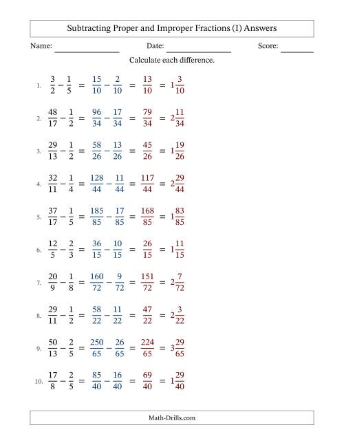 The Subtracting Proper and Improper Fractions with Unlike Denominators, Mixed Fractions Results and No Simplifying (I) Math Worksheet Page 2