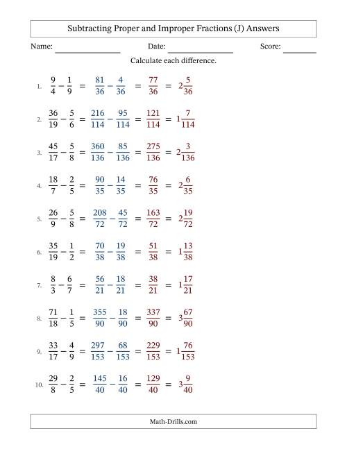 The Subtracting Proper and Improper Fractions with Unlike Denominators, Mixed Fractions Results and No Simplifying (J) Math Worksheet Page 2