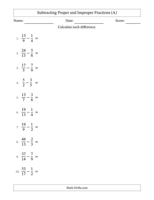 The Subtracting Proper and Improper Fractions with Unlike Denominators, Mixed Fractions Results and No Simplifying (All) Math Worksheet