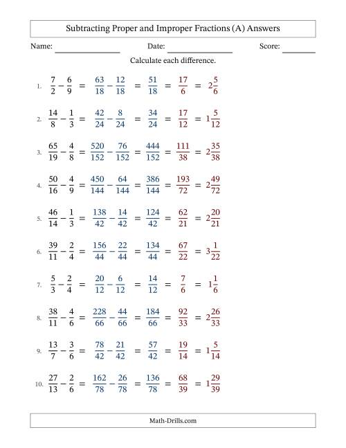 The Subtracting Proper and Improper Fractions with Unlike Denominators, Mixed Fractions Results and All Simplifying (A) Math Worksheet Page 2