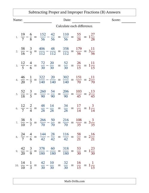The Subtracting Proper and Improper Fractions with Unlike Denominators, Mixed Fractions Results and All Simplifying (B) Math Worksheet Page 2
