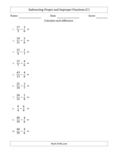 The Subtracting Proper and Improper Fractions with Unlike Denominators, Mixed Fractions Results and All Simplifying (C) Math Worksheet