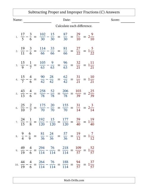 The Subtracting Proper and Improper Fractions with Unlike Denominators, Mixed Fractions Results and All Simplifying (C) Math Worksheet Page 2
