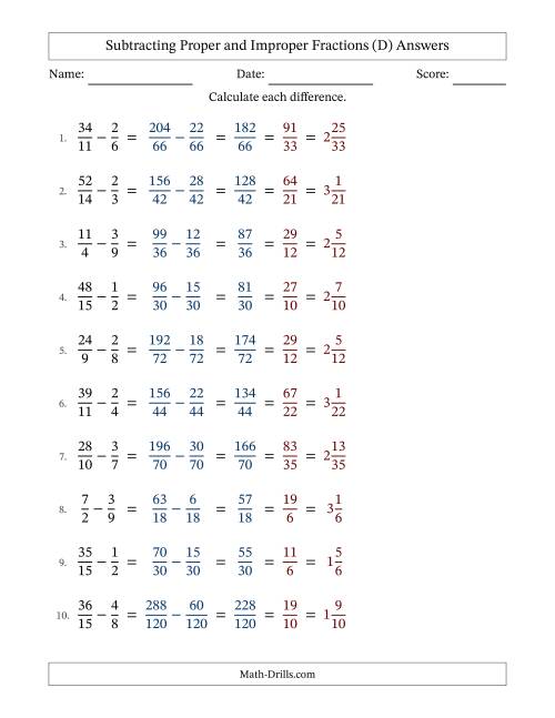 The Subtracting Proper and Improper Fractions with Unlike Denominators, Mixed Fractions Results and All Simplifying (D) Math Worksheet Page 2