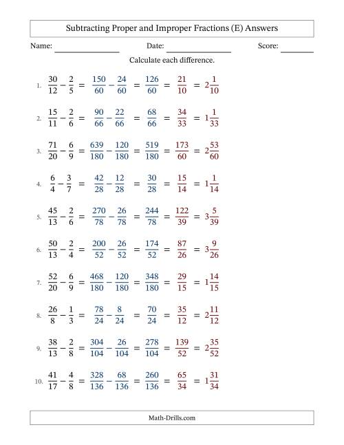 The Subtracting Proper and Improper Fractions with Unlike Denominators, Mixed Fractions Results and All Simplifying (E) Math Worksheet Page 2