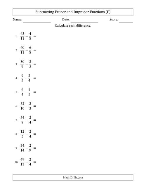 The Subtracting Proper and Improper Fractions with Unlike Denominators, Mixed Fractions Results and All Simplifying (F) Math Worksheet