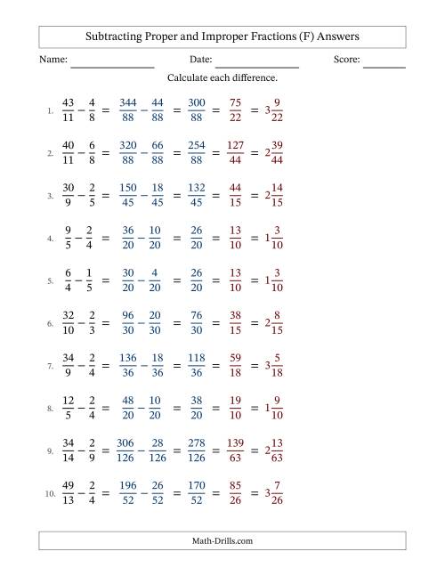 The Subtracting Proper and Improper Fractions with Unlike Denominators, Mixed Fractions Results and All Simplifying (F) Math Worksheet Page 2