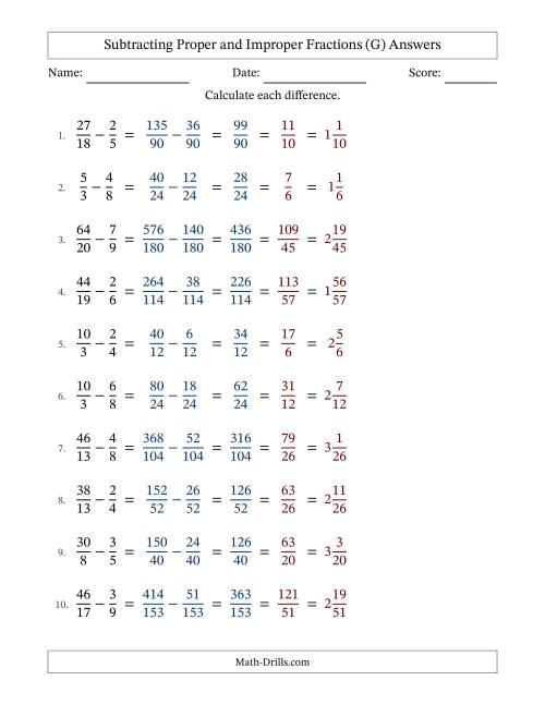 The Subtracting Proper and Improper Fractions with Unlike Denominators, Mixed Fractions Results and All Simplifying (G) Math Worksheet Page 2