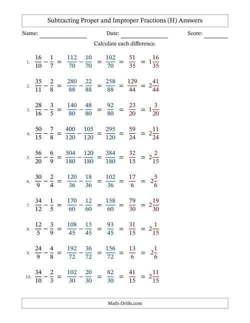 The Subtracting Proper and Improper Fractions with Unlike Denominators, Mixed Fractions Results and All Simplifying (H) Math Worksheet Page 2