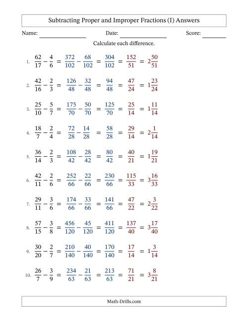 The Subtracting Proper and Improper Fractions with Unlike Denominators, Mixed Fractions Results and All Simplifying (I) Math Worksheet Page 2