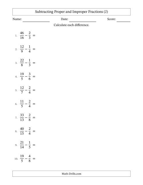 The Subtracting Proper and Improper Fractions with Unlike Denominators, Mixed Fractions Results and All Simplifying (J) Math Worksheet