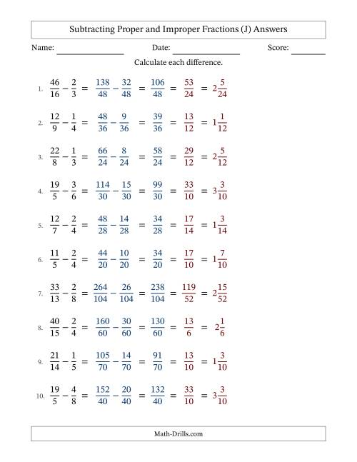 The Subtracting Proper and Improper Fractions with Unlike Denominators, Mixed Fractions Results and All Simplifying (J) Math Worksheet Page 2