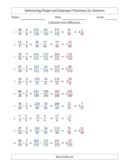 The Subtracting Proper and Improper Fractions with Unlike Denominators, Mixed Fractions Results and Some Simplifying (A) Math Worksheet Page 2
