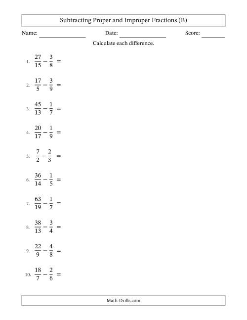The Subtracting Proper and Improper Fractions with Unlike Denominators, Mixed Fractions Results and Some Simplifying (B) Math Worksheet