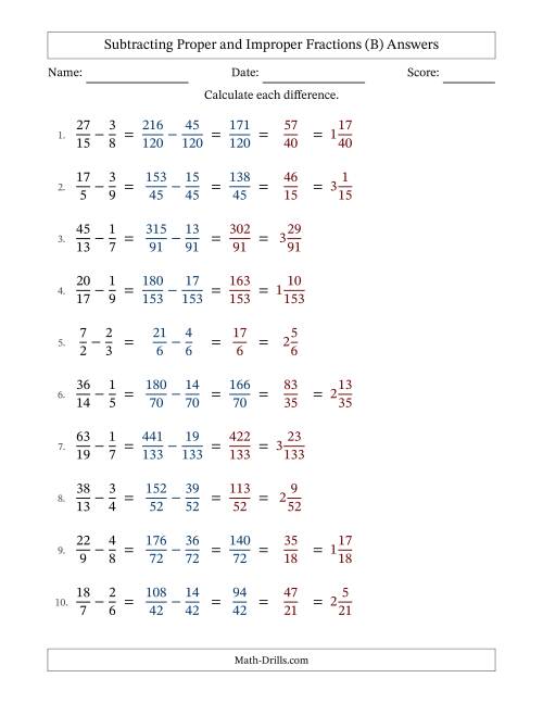 The Subtracting Proper and Improper Fractions with Unlike Denominators, Mixed Fractions Results and Some Simplifying (B) Math Worksheet Page 2