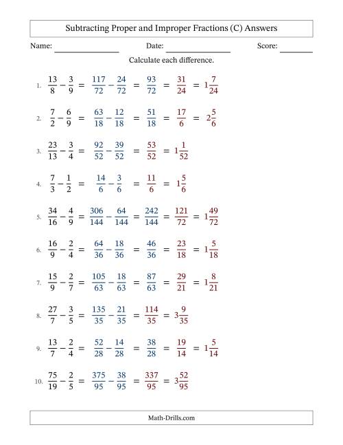 The Subtracting Proper and Improper Fractions with Unlike Denominators, Mixed Fractions Results and Some Simplifying (C) Math Worksheet Page 2