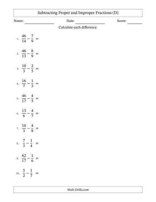 The Subtracting Proper and Improper Fractions with Unlike Denominators, Mixed Fractions Results and Some Simplifying (D) Math Worksheet
