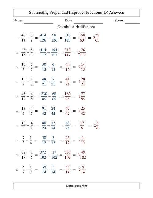 The Subtracting Proper and Improper Fractions with Unlike Denominators, Mixed Fractions Results and Some Simplifying (D) Math Worksheet Page 2