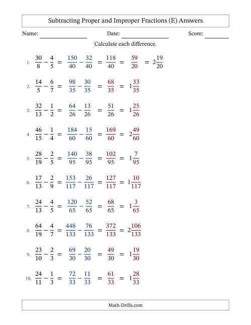 The Subtracting Proper and Improper Fractions with Unlike Denominators, Mixed Fractions Results and Some Simplifying (E) Math Worksheet Page 2