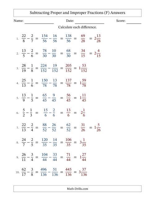 The Subtracting Proper and Improper Fractions with Unlike Denominators, Mixed Fractions Results and Some Simplifying (F) Math Worksheet Page 2