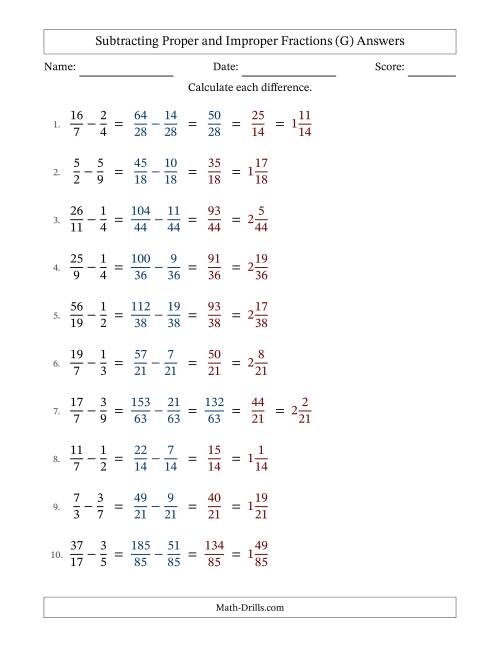 The Subtracting Proper and Improper Fractions with Unlike Denominators, Mixed Fractions Results and Some Simplifying (G) Math Worksheet Page 2