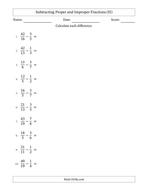 The Subtracting Proper and Improper Fractions with Unlike Denominators, Mixed Fractions Results and Some Simplifying (H) Math Worksheet