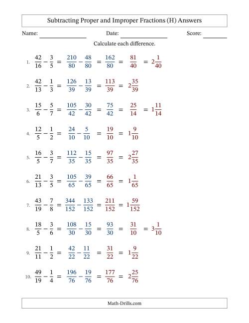 The Subtracting Proper and Improper Fractions with Unlike Denominators, Mixed Fractions Results and Some Simplifying (H) Math Worksheet Page 2