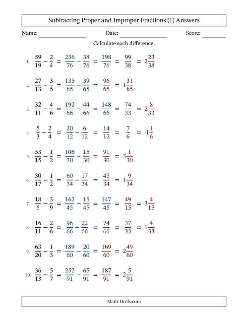 The Subtracting Proper and Improper Fractions with Unlike Denominators, Mixed Fractions Results and Some Simplifying (I) Math Worksheet Page 2