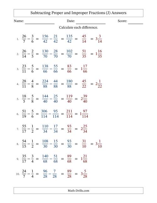 The Subtracting Proper and Improper Fractions with Unlike Denominators, Mixed Fractions Results and Some Simplifying (J) Math Worksheet Page 2