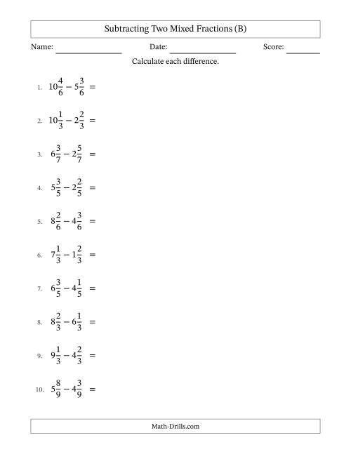 The Subtracting Two Mixed Fractions with Equal Denominators, Mixed Fractions Results and No Simplifying (B) Math Worksheet