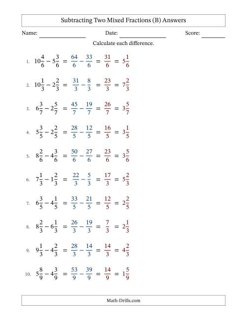 The Subtracting Two Mixed Fractions with Equal Denominators, Mixed Fractions Results and No Simplifying (B) Math Worksheet Page 2