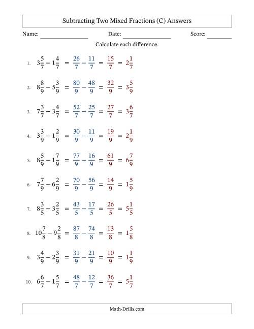 The Subtracting Two Mixed Fractions with Equal Denominators, Mixed Fractions Results and No Simplifying (C) Math Worksheet Page 2