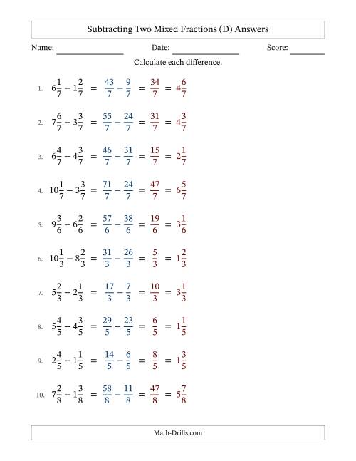 The Subtracting Two Mixed Fractions with Equal Denominators, Mixed Fractions Results and No Simplifying (D) Math Worksheet Page 2