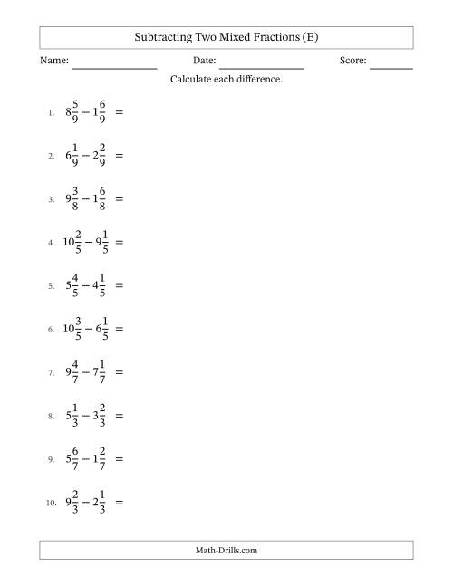 The Subtracting Two Mixed Fractions with Equal Denominators, Mixed Fractions Results and No Simplifying (E) Math Worksheet