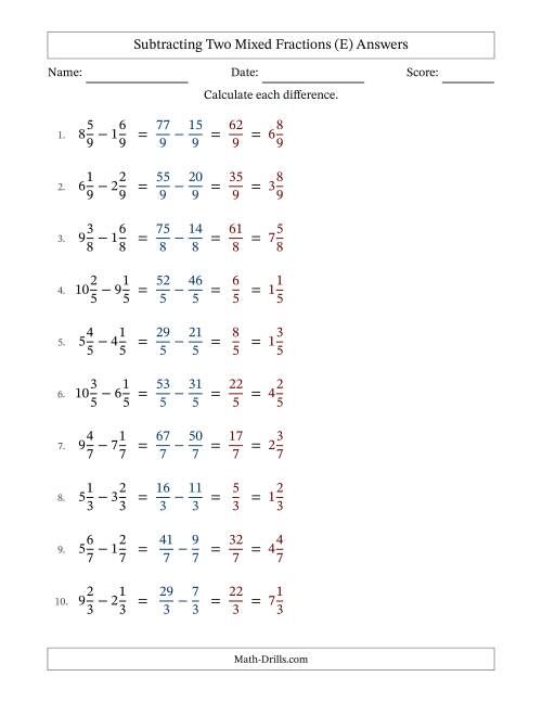 The Subtracting Two Mixed Fractions with Equal Denominators, Mixed Fractions Results and No Simplifying (E) Math Worksheet Page 2